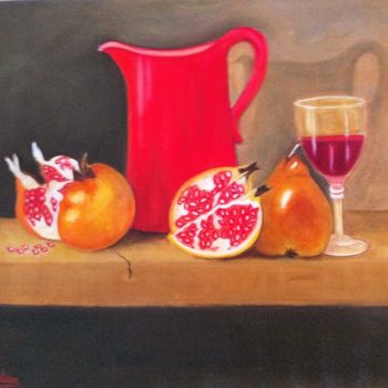 Peinture intitulée "Pichet rouge grenad…" par Josy Chatain, Œuvre d'art originale