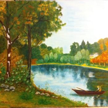 Schilderij getiteld "Pêcheur sur le lac" door Josy Chatain, Origineel Kunstwerk