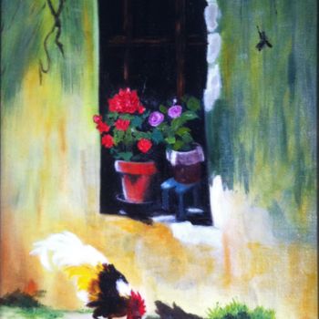 Painting titled "Coq devant la fenêt…" by Josy Chatain, Original Artwork