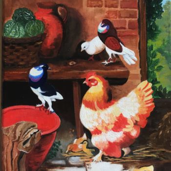 Painting titled "Poules et pigeons" by Josy Chatain, Original Artwork, Oil