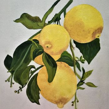 Painting titled "4 Citrons" by Josy Chatain, Original Artwork, Oil