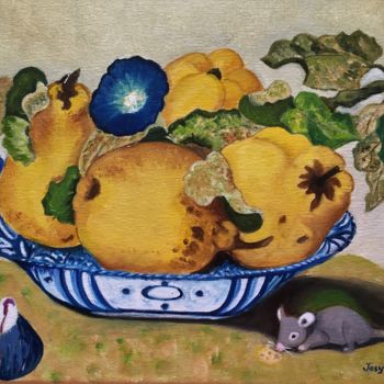 Pittura intitolato "Coupe de poires d'a…" da Josy Chatain, Opera d'arte originale, Olio