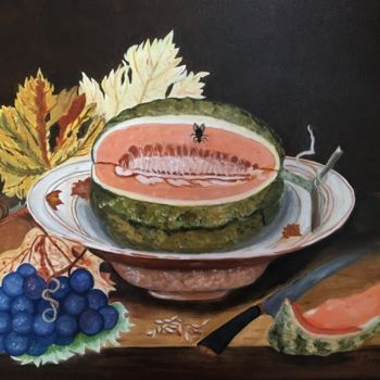 Peinture intitulée "Melon et mouche" par Josy Chatain, Œuvre d'art originale, Huile