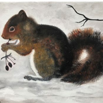 Peinture intitulée "Ecureuil dans la ne…" par Josy Chatain, Œuvre d'art originale, Huile
