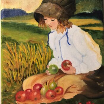 Peinture intitulée "Fillette et pommes" par Josy Chatain, Œuvre d'art originale, Huile