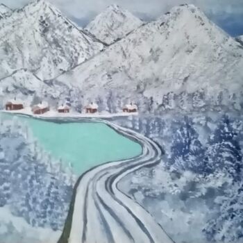 Peinture intitulée "Montagnes enneigée" par Jouane, Œuvre d'art originale, Acrylique