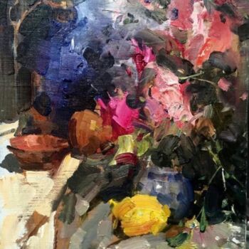 Pintura titulada "Flowers & Old Bottl…" por Jove Wang, Obra de arte original, Oleo