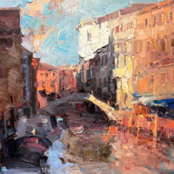 Painting titled "Sunset in Venice" by Jove Wang, Original Artwork, Oil