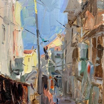 Malerei mit dem Titel "Shanghai Street Sce…" von Jove Wang, Original-Kunstwerk, Öl