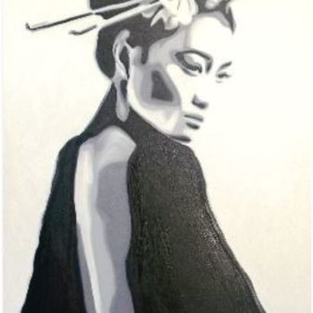 Schilderij getiteld "Geisha de dos" door Joxa Vi', Origineel Kunstwerk, Olie Gemonteerd op Frame voor houten brancard
