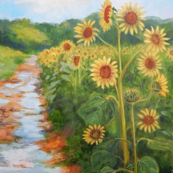 Painting titled "Sunflowers and Pudd…" by Joy Parks Coats, Original Artwork, Acrylic Mounted on Wood Stretcher frame