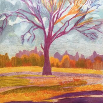Dessin intitulée "Tree in cornfield" par Joyce Van Den Engel, Œuvre d'art originale, Crayon