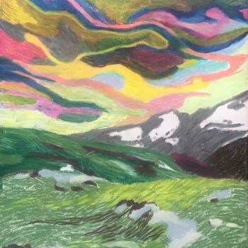 Dessin intitulée "Mountains and sky" par Joyce Van Den Engel, Œuvre d'art originale, Crayon