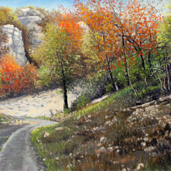 Drawing titled "Chemin d'automne" by Jean-Pierre Cousin, Original Artwork, Pastel