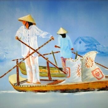 Schilderij getiteld "le marche flottant" door Jean Pierre Goasdoue, Origineel Kunstwerk