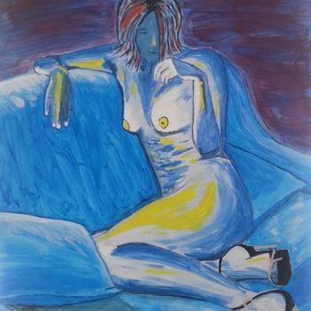 Pintura intitulada "femme-bleue-sur-can…" por Jean Philippe Dufau, Obras de arte originais, Acrílico