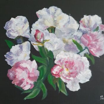 Painting titled "Pivoines" by Jean-Pierre Vialle, Original Artwork, Oil Mounted on Wood Stretcher frame
