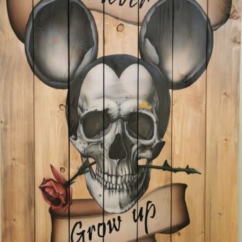 Schilderij getiteld "Never grow up" door Jrbrush, Origineel Kunstwerk, Airbrush Gemonteerd op Frame voor houten brancard