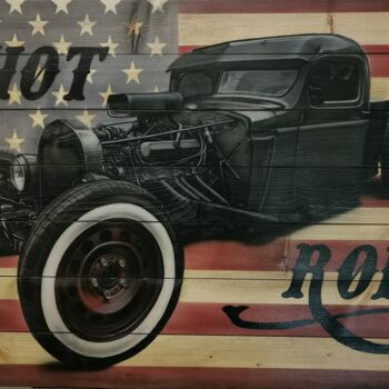 Malarstwo zatytułowany „Hot rod” autorstwa Jrbrush, Oryginalna praca, Natryskiwacz Zamontowany na Drewniana rama noszy