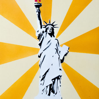 Painting titled "La statue de la Lib…" by Jrk, Original Artwork, Spray paint Mounted on Wood Stretcher frame