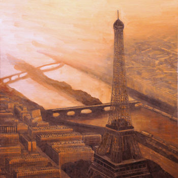 Painting titled "Tour Eiffel vue aér…" by Renand, Original Artwork, Oil Mounted on Wood Stretcher frame