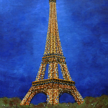 Schilderij getiteld "Tour Eiffel scintil…" door Renand, Origineel Kunstwerk, Olie Gemonteerd op Frame voor houten brancard