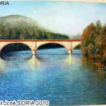 Painting titled "Le pont jaune" by Jose Soria, Original Artwork, Oil