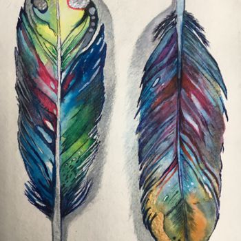 Painting titled "The feathers" by Almanzart, Original Artwork, Watercolor