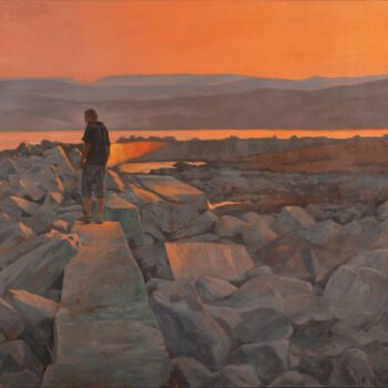 Painting titled "Atardecer en el rom…" by Juan Álvarez Cebrián, Original Artwork, Oil Mounted on Wood Stretcher frame