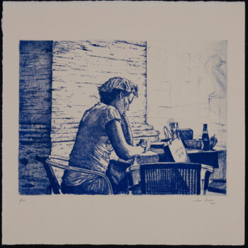 Estampas & grabados titulada "Mujer en un café" por Juan Álvarez Cebrián, Obra de arte original, Aguafuerte