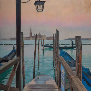 Schilderij getiteld "Venecia. (embarcade…" door Juan Álvarez Cebrián, Origineel Kunstwerk, Olie Gemonteerd op Frame voor hou…