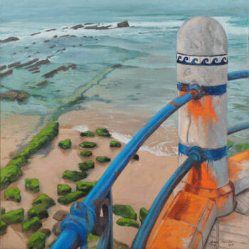Malarstwo zatytułowany „Balcón al mar” autorstwa Juan Álvarez Cebrián, Oryginalna praca, Olej Zamontowany na Drewniana rama…