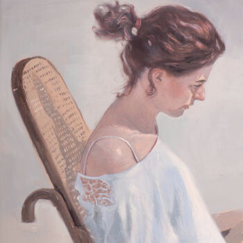Painting titled "Mujer leyendo II" by Juan Álvarez Cebrián, Original Artwork, Oil Mounted on Wood Panel