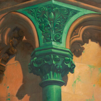 Painting titled "Capitel Verde" by Juan Álvarez Cebrián, Original Artwork, Oil Mounted on Wood Stretcher frame