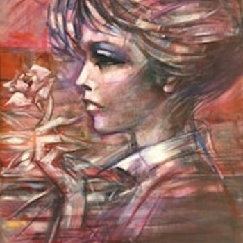 Painting titled "Mujer con flor en l…" by Juan Kancepolski, Original Artwork, Oil