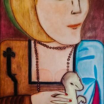 Painting titled "LA DAMA A L'HERMINE" by Juan Saenz, Original Artwork, Oil Mounted on Wood Panel