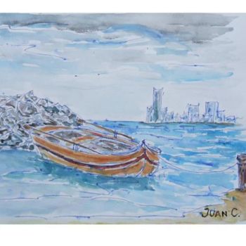 Ζωγραφική με τίτλο "Barca con ciudad en…" από Juan Carlos Beneyto, Αυθεντικά έργα τέχνης, Λάδι