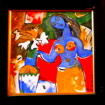 Painting titled "girl before the flo…" by Judhajit Sengupta, Original Artwork, Oil