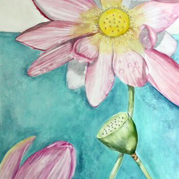 Malerei mit dem Titel "Aquarell Lotusblume" von Judit Fortelny, Original-Kunstwerk, Aquarell