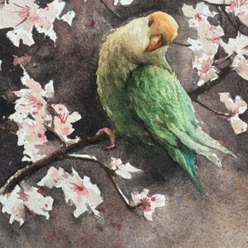 Painting titled "perroquet" by Jue Wang, Original Artwork, Watercolor