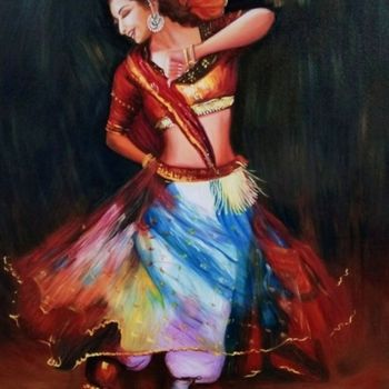 Peinture intitulée "DANCING INDIAN LADY" par Jui Shah, Œuvre d'art originale, Huile