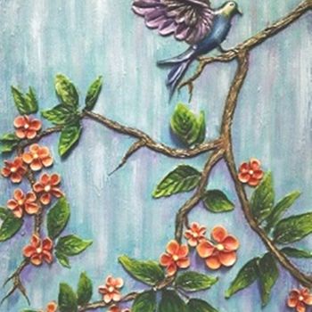 Painting titled "embosed-flower-bird…" by Jui Shah, Original Artwork, Oil