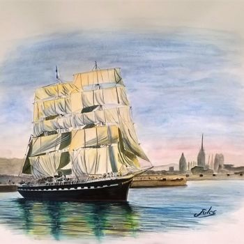 Painting titled "Le Belem à Rouen" by Julien Delente (Jules), Original Artwork, Watercolor