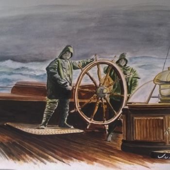 Painting titled "Scène de mer, les C…" by Julien Delente (Jules), Original Artwork, Watercolor