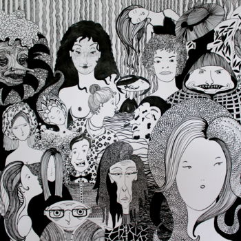 Zeichnungen mit dem Titel "facemix" von Julianna Dávid, Original-Kunstwerk, Tinte