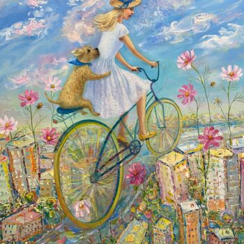 Painting titled "Bicycle rider" by Julia Abramoshvili, Original Artwork, Oil Mounted on Wood Stretcher frame