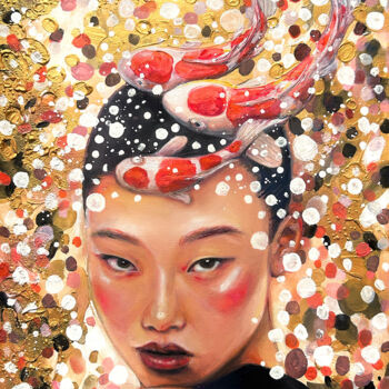 Painting titled "asian girl with koi…" by Julia Brinkfrau, Original Artwork, Oil