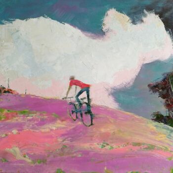 Malerei mit dem Titel "Yoohoo!  Cyclist ri…" von Julia Elkina, Original-Kunstwerk, Öl