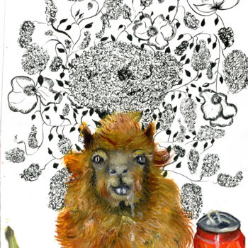 Peinture intitulée "Tête de lama en fle…" par Julia Le Corre, Œuvre d'art originale, Encre