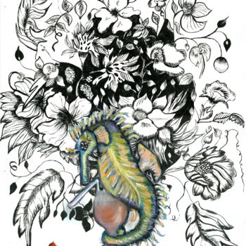 Painting titled "Hippocampe en fleur…" by Julia Le Corre, Original Artwork, Ink